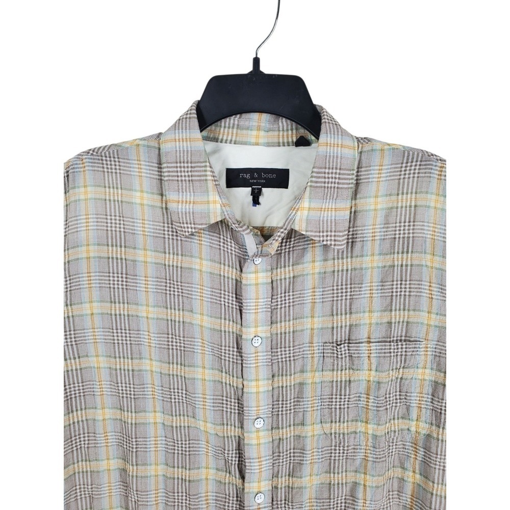 Rag & Bone Shirt Mens L Beige Yellow Plaid Check Gauze Button Up SS Autumn - Picture 4 of 11